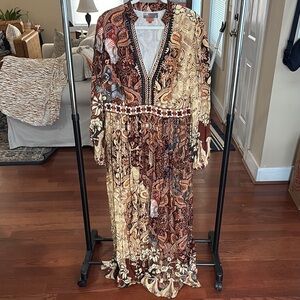 Anthropologie X Bhanuni by Jyoti: Brown and Cream Maxi Gown with Plunge Neckline